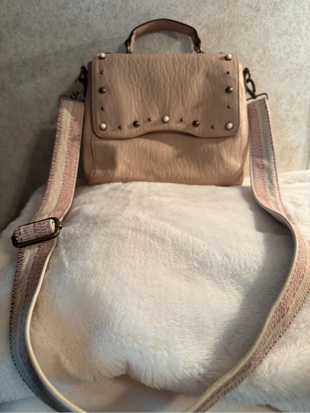 Jessica Simpson Women's Stud-Accent Cream Crossbody Shoulder Bag Guitar strap.